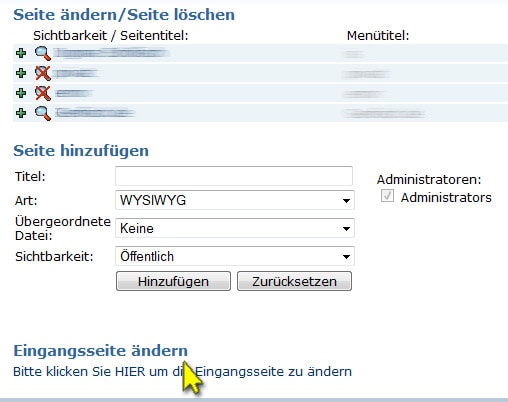 Websitebaker (Menüpunkt "Eingangsseite editieren")