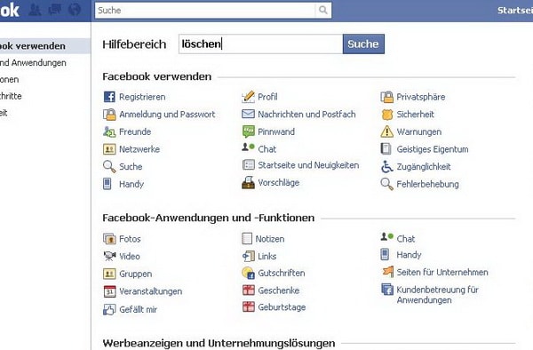 Facebook Hilfebereich